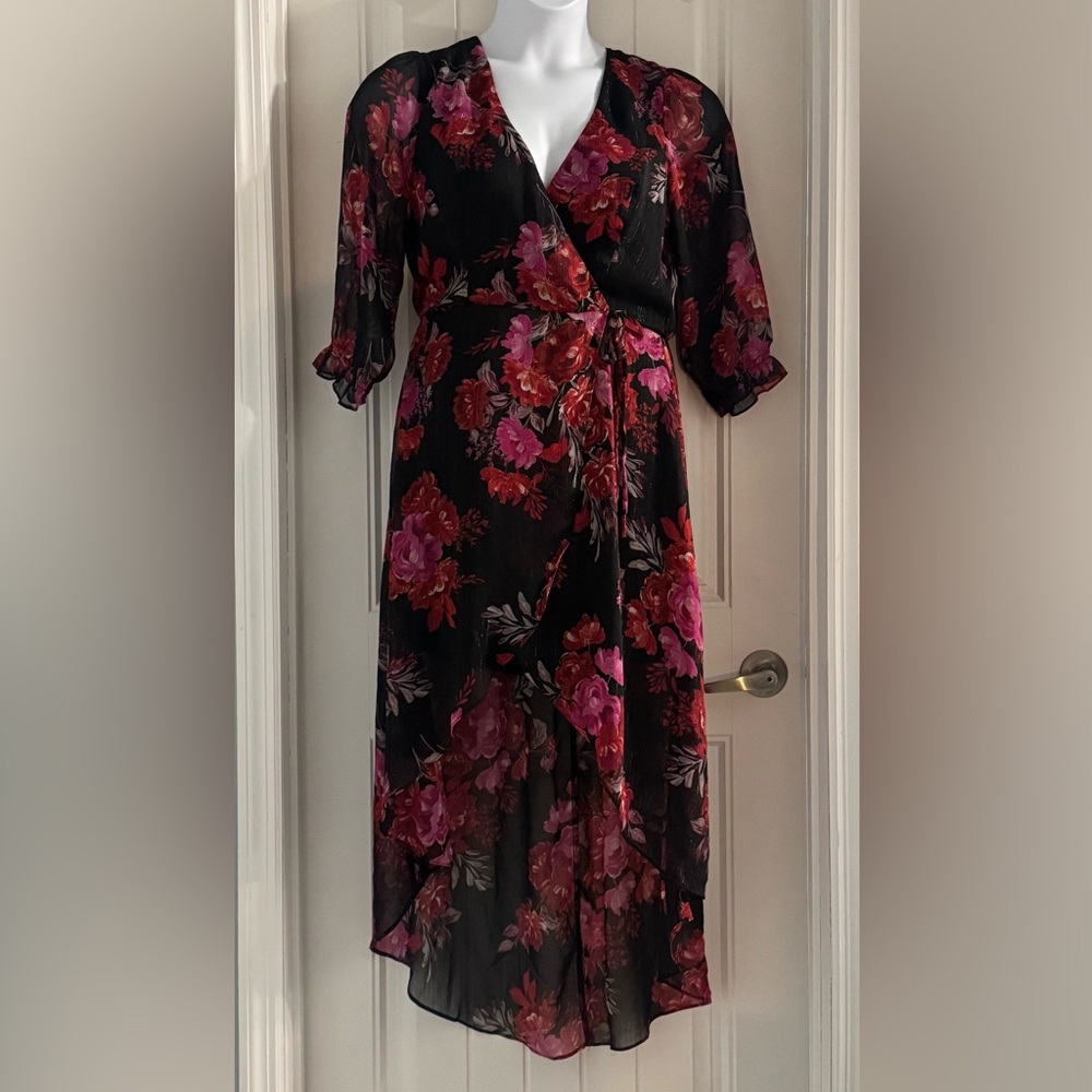 Red / Pink Floral hi-lo dress metallic accents